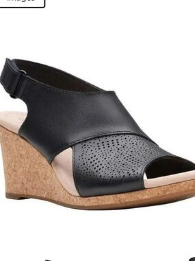 NWT Clarks Collection Lafley Joy Black Leather Cork Wedge Sandals Size 6